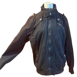 Black Bomber Jacket Mens Size M Full Zip Military Style Button Accents